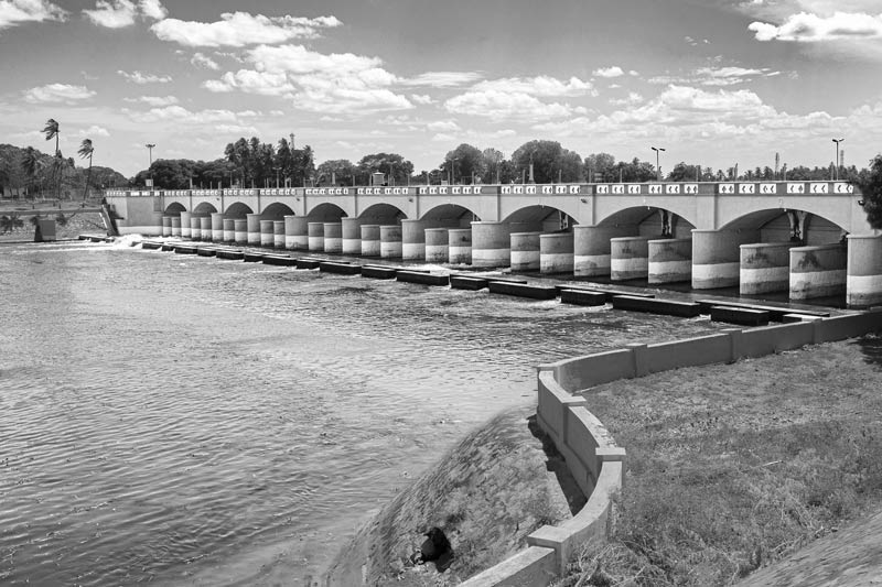 Rear view of the Vennar Regulator and River Vennar emerging behind it - at Grand Anocut in Thanjavur district, Tamil Nadu